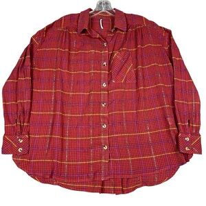 Free People Red Cherry Plaid Break My Stride Metallic Tunic Button-Up Shirt - XS